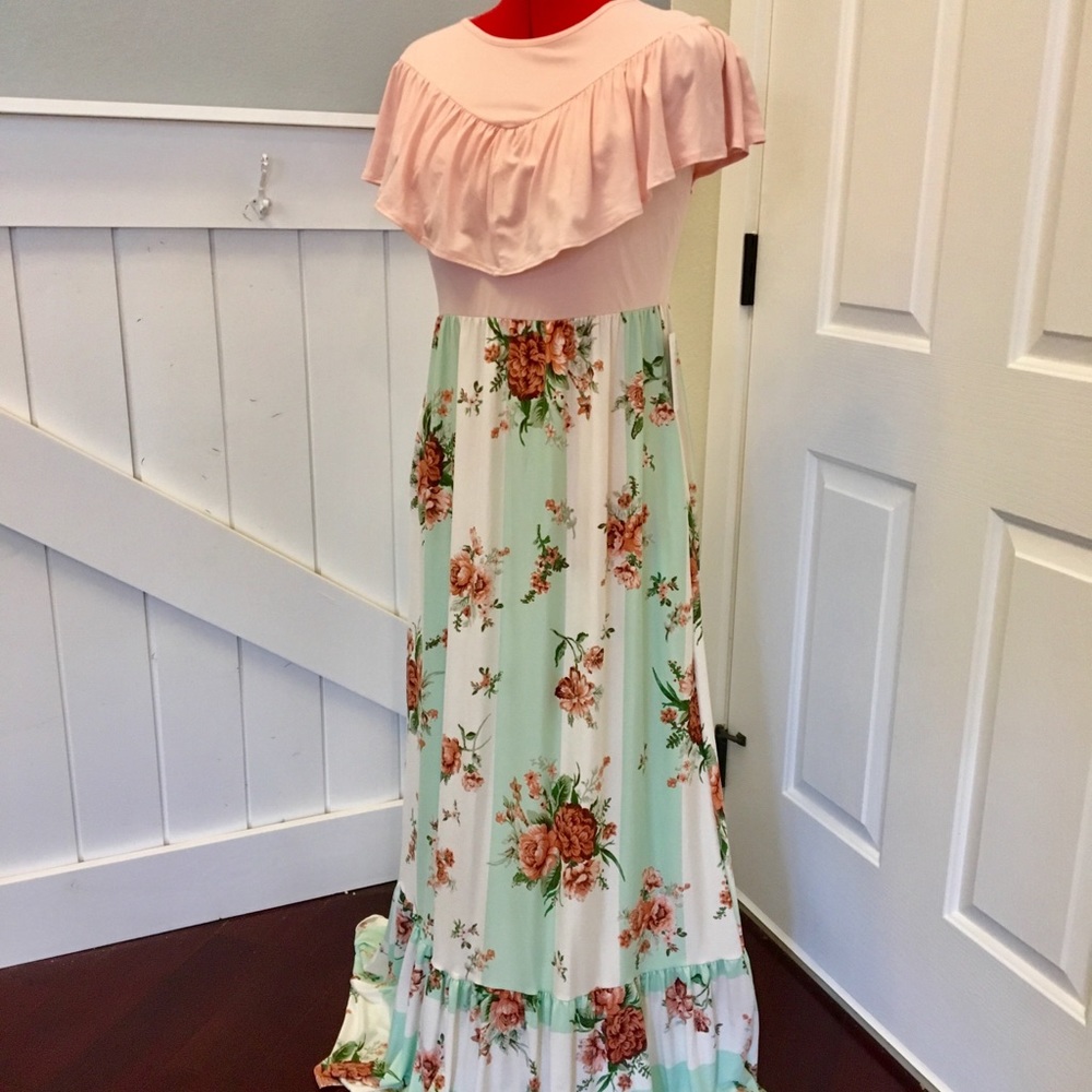 Fall Summer Striped Beauty Peach Floral Dress XL